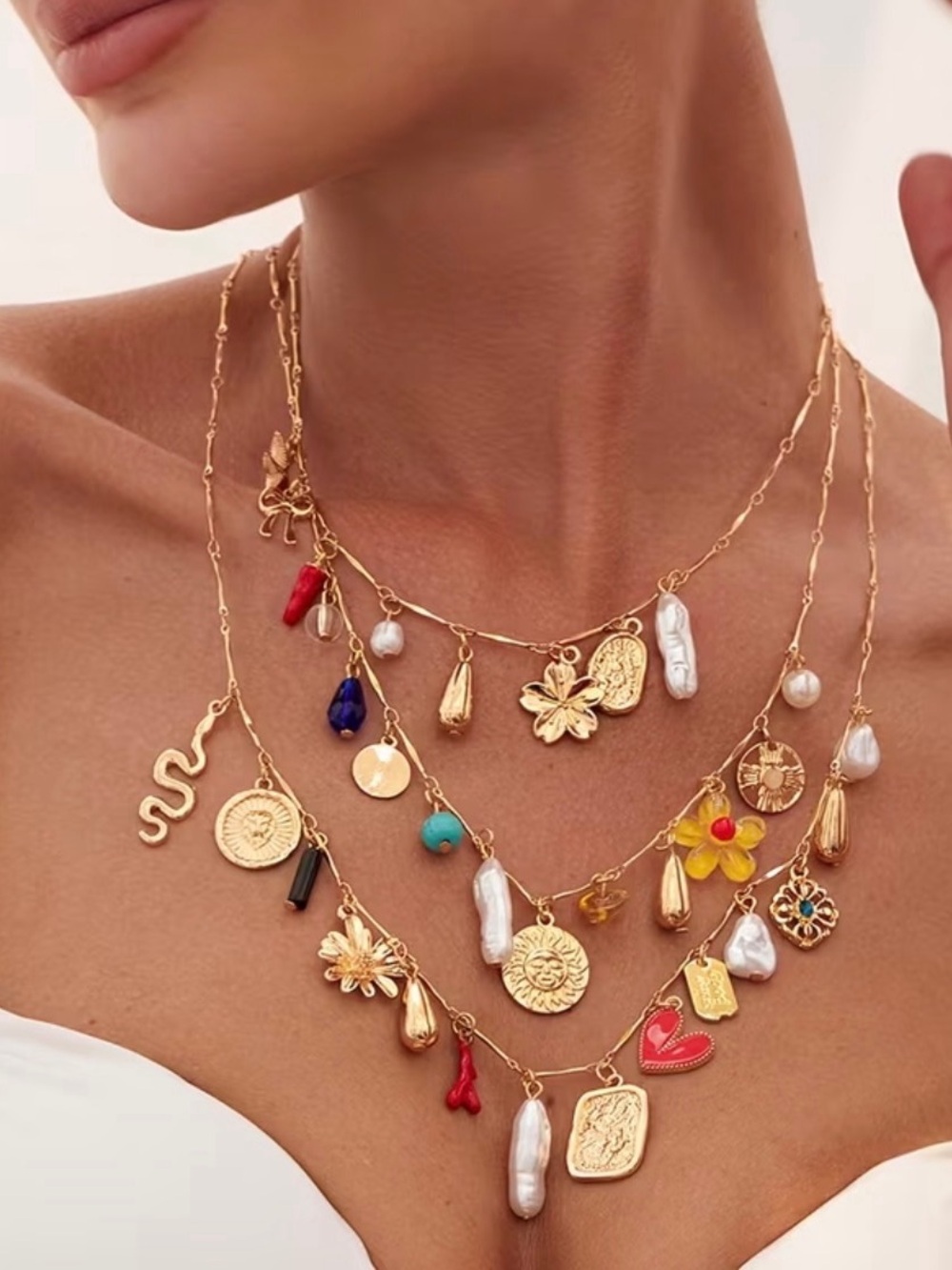Anthropologie Gold Multi-Charm Layered Necklace Pearls Colorful Accents NWOT